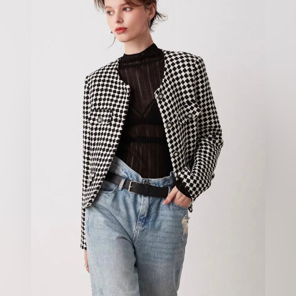 No Collar Houndstooth Jacket